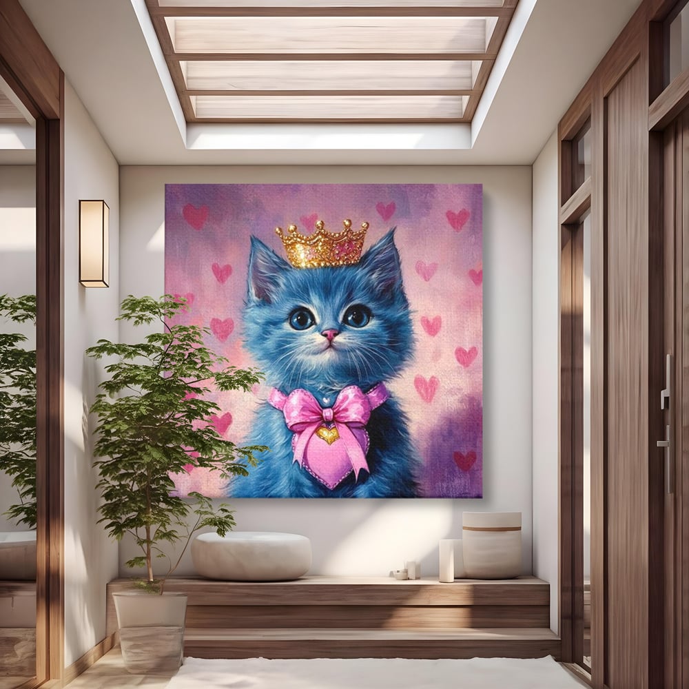 Tablou canvas cu tablou canvas cu pisica albastra purtand coroana, fara rama, pe sasiu de lemn